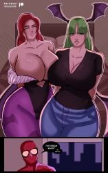 1boy 2girls bed bedroom big_breasts breasts capcom colacat95 cosplay crossover curvaceous curvy curvy_body curvy_figure darkstalkers duo duo_female duo_focus eastern_and_western_character english_text green_hair hair_wings hips huge_breasts imminent_sex imminent_threesome leotard male male/female marvel marvel_comics marvel_vs._capcom mary_jane_watson mary_jane_watson_(cosplay) morrigan_aensland morrigan_aensland_(cosplay) pantyhose peter_parker red_hair spider-man spider-man_(series) straight superhero swapped_clothes tagme text thick_thighs thighs wide_hips wings