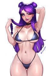 2d 2d_(artwork) 2d_artwork armpits big_breasts bikini blush breasts collar collarbone female hairbuns hourglass_figure k/da_kai'sa k/da_series kai'sa konomidraw league_of_legends ponytails purple_bikini purple_eyes purple_hair riot_games thick thick_thighs thin_waist winking_at_viewer