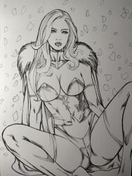 black_and_white breasts cleavage corset emma_frost hellfire_club marvel marvel_comics matthenrystudio panties pussy_bulge spread_legs white_queen x-men