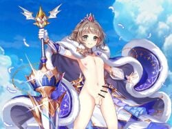 1boy bangs blue_eyes blue_sky blush brown_hair cape censor_bar closed_mouth cloud crown day erection femboy fur-trimmed_cape fur_trim gauntlets genderswap_(ftm) holding looking_at_viewer male_focus navel nipples nude otoko_no_ko outdoors penis shironeko_project sky smile solo standing testicles trap