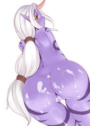 amecha ass censored cum cum_on_ass female horn league_of_legends leaning_forward long_hair looking_at_viewer looking_back nude pointy_ears ponytail purple_skin red_eyes simple_background smooth_skin solo soraka tattoo thigh_gap tied_hair very_long_hair white_background white_hair wide_hips