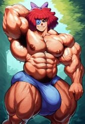 abs ai_generated ambush_(trap) armpit_hair bulge chest_hair extreme_muscles futanari futanari genderswap_(ftm) hairy_armpits hairy_arms hairy_chest male_only muscular muscular_male ragatha_(the_amazing_digital_circus) red_hair rule_63 rule_63 sewoh solo the_amazing_digital_circus