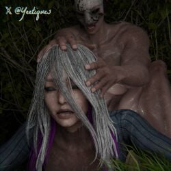 3d close_up dbd dead_by_daylight female forest forest_background futa_on_female futanari huntress_(dead_by_daylight) mask muscular_futanari sable_ward size_difference wet yeetiques