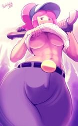 adventure_time areola_slip areolae baseball_cap belt belt_buckle big_breasts gun hat muscular_female parkdale pink_body pink_hair pink_nipples princess_bubblegum purple_pants shotgun tagme thick_thighs underboob white_shirt