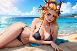 ai_generated beach beast_pirates bikini black_maria blonde_female blonde_hair blue_eyes breasts clothing female female_only geisha_hair horns isaris-ai large_breasts one_piece wano_country wide_hips