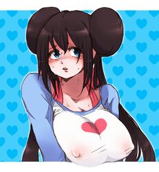 bad_id blue_eyes bra breasts brown_hair collarbone double_bun erect_nipples female huge_breasts large_breasts long_hair niku_(dance-siva) nintendo nipple_bulge nipples nipples_visible_through_clothing pokemon pokemon_bw2 rosa_(pokemon) sweat underwear wet