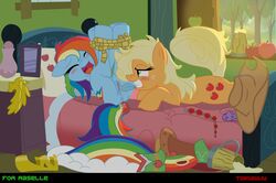 applejack_(mlp) bed blush equine female friendship_is_magic horse my_little_pony pony presenting rainbow_dash_(mlp) straight_hair tiarawhy yuri