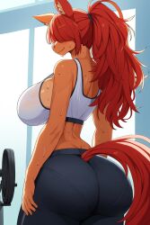 ai_generated bangs_over_eyes big_butt butt_focus from_behind gym gym_clothes gym_uniform hair_over_eyes horse horse_girl horse_tail huge_butt large_breasts leggings looking_at_viewer looking_back looking_over_shoulder majorfluffy narrow_waist novelai pantylines ponytail red_hair sideboob sweat sweating tagme tan_body wet_clothes wide_hips