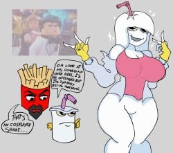 >:( 1girls 2boys :d angry animate_inanimate aqua_teen_hunger_force big_breasts breasts clothed cosplay dialogue english_text eyelashes fingerless_gloves frylock gijinka goatee grey_background grey_sweater happy hime_cut hourglass_figure humanoid humanoidized inanimate looking_at_another master_shake meme_in_the_background pink_shirt plain_background pointing red_body simple_background stars straw sweater thewboy white_body white_hair yellow_gloves yellow_sclera