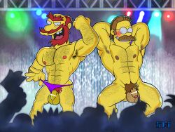 armpit_hair balls beard blush body_hair crowd facial_hair flaccid galeoria_(pixiv) groundskeeper_willie hands_behind_head male male_only moustache ned_flanders nude penis the_simpsons thong yellow_body yellow_skin