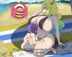 1boy 1girls areola_slip areolae beach beach_towel big_breasts big_penis bikini blonde_hair bloxwhater blush breasts closed_eyes cum cum_in_pussy cum_inside dragon english_text hidden_sex huge_breasts kobayashi-san_chi_no_maidragon large_breasts magatsuchi_shouta midriff navel open_mouth parasol penetration penis public_sex purple_hair quetzalcoatl_(dragon_maid) reverse_cowgirl_position straddling vagina vaginal_insertion vaginal_penetration vaginal_sex x-ray xray_view