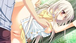 1/2_summer 1boy areolae braid breast_grab breasts female flower hair_ornament kaminogi_ushio long_hair medium_breasts nipples no_panties open_clothes purple_eyes pussy sesena_yau shirt_lift silver_hair spread_legs standing thighs uncensored