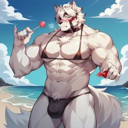 1boy ai_generated anthro bara barely_clothed beach bikini bulge furry gay lollipop male male_focus male_in_bikini male_only micro_bikini muscles muscular muscular_male sinchilee solo solo_male tagme von_lycaon yaoi zenless_zone_zero