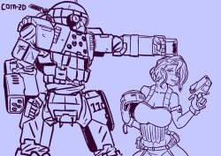 2021 battlemech battletech big_breasts buttpants clothed commando_(battlemech) gun helmet inkeranon inktober_2021 mech mechwarrior pinup signature sketch solo_female tagme