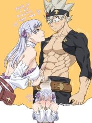 1boy 1girls abs asta_(black_clover) belly_button black_clover blush covering_face embarrassed english_text fit_male imagining muscular muscular_male noelle_silva scar six_pack skwd straight thought_bubble toned toned_body toned_male