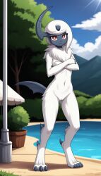 1girls 2024 absol ai_generated anthro ass_visible_through_thighs blushing crossed_arms digitigrade female female_focus female_only generation_3_pokemon hands_on_breasts hi_res innie_pussy looking_at_viewer nintendo nude nude_female outside pokemon pokemon_(species) pool poolside pussy red_eyes smile solo standing sunny white_fur yodayo