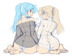 2girls ass ass_to_ass bare_shoulders barefoot blonde_hair blue_eyes blue_hair blush blush_stickers butt_crack curvy dimples_of_venus eyebrows feet hips mel/a melfina_bluesky melmaid multiple_girls no_pants off-shoulder_sweater original panties payot ponytail red_eyes ribbon sitting sketch slender_waist soles striped striped_panties stuffed_toy sweater tied_hair toes turtleneck underwear wariza wide_hips