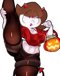 1girls 2020s belly_button big_breasts big_eyes big_thighs brown_hair candy_bag candy_basket candy_girl cute cute_face devil_horns devil_tail female gummy_creature happylikeawall happylikeawall_(artist) horns horns_girl leg_lift leg_up lollipop massive_thighs midriff monochromatic_skin navel oc one_leg_raised one_leg_up original_character pale-skinned_female pale_skin pale_skinned pumpkin purple_eyes raised_leg red_horns red_shirt self_insert toony transparent_background youtube youtube_avatar youtuber youtuber_girl