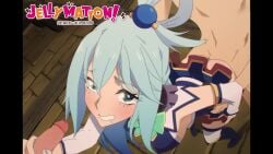 1girls 2boys alternate_version_available animated aqua_(konosuba) ass blue_eyes blue_hair blue_nails blush breasts cum cum_in_pussy cum_inside cum_on_face gangbang handjob handjob_while_penetrated jellymation kono_subarashii_sekai_ni_shukufuku_wo! long_hair nail_polish sex sound tagme video