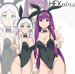 2girls blue_hair bunny_costume bunny_ears bunnysuit cleavage cosplay elf_ears female female_only fern_(sousou_no_frieren) frieren frieren_beyond_journey's_end hfxpins multiple_girls sousou_no_frieren white_hair yuri