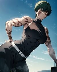 abs abs_visible_through_clothing ai_generated athletic_female big_ass big_breasts black_clothing dark_hair fat_ass fit_female hand_on_hip huge_ass huge_breasts jujutsu_kaisen muscular_arms scars_all_over seductive_look serious_face serious_look short_hair_female slim_waist strong_woman thick_ass thick_thighs tight_clothing tomboy wide_hips zenin_maki