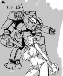 2017 battletech big_breasts buttpants helmet inkeranon mechwarrior mechwarriormech monochrome nipple_bulge ragged_clothing short_shorts signature sketch solo_female tagme talos_(battlemech) unbuttoned_pants