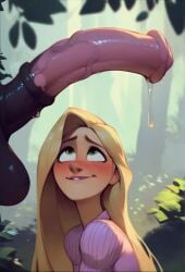 admiring admiring_penis ai_generated blonde_hair blush disney dripping_penis horse_penis horsecock imminent_oral imminent_sex in_awe massive_penis nsfwaibs penis_awe rapunzel tangled