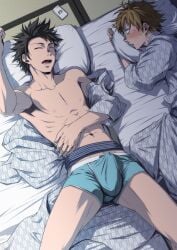 2boys bed blush blushing boner boner_in_pants erect_penis erection erection_under_clothes erection_under_clothing gay shima_kyousuke yaoi