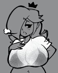 absurd_res belly_button big_breasts bikini bikini_top black_and_white boobs breasts breath breathe breathing front_view hand_on_breast heat huge_boobs huge_breasts large_breasts legendofnerd mario_(series) midriff navel princess princess_rosalina see-through see-through_clothing see-through_shirt see-through_top side_eye stomach summer swimsuit tagme tired tired_expression tired_eyes wip work_in_progress