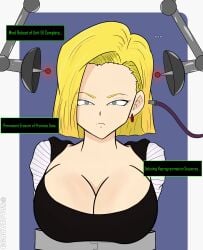 android_18 angry blonde_hair blue_eyes brain_drain brainwashing brainwashing_machine breasts comic dialogue dragon_ball dragon_ball_z identity_death mental_transformation mid-transformation mind_control mind_hack restrained salazaru text transformation