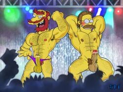 20th_century_fox 20th_century_studios armpit_hair balls beard blush body_hair boner crowd erection facial_hair galeoria_(pixiv) groundskeeper_willie hands_behind_head male male_only moustache ned_flanders nude penis the_simpsons thong yellow_body yellow_skin