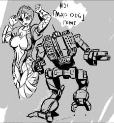 2017 battlemech battletech buttpants clan_(battletech) clothed_female eyepatch facial_tattoo fishnets inkeranon inktober kristen_redmond mech mechwarrior monochrome nipple_bulge open_clothes pinup short_hair signature sketch solo_female tagme vulture_(battlemech)