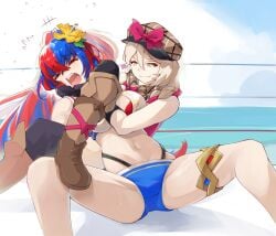 2girls alear_(female)_(fire_emblem) alear_(female)_(seaside_dragon)_(fire_emblem) alear_(fire_emblem) bare_shoulders bikini blue_bikini blue_hair boots bow breasts brown_footwear brown_hat defeated feet_out_of_frame female female_only femdom femsub fire_emblem fire_emblem_engage fire_emblem_heroes framme_(fire_emblem) grey_hair hat hat_bow highres jaegan large_breasts long_hair looking_at_another multicolored_hair multiple_girls navel nintendo official_alternate_costume official_alternate_hairstyle open_mouth pink_bow ponytail red_bikini red_hair revision smile split-color_hair stomach swimsuit thighlet thighs very_long_hair white_bikini wrestling yellow_eyes yuri