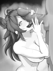 1boy 1girls big_breasts big_penis black_and_white blowjob blue_frog buns excited fellatio frog_girl hair_bun handjob handjob_while_sucking kiia_kiia_kiia licking_penis long_hair looking_at_viewer monochrome original_character penis_awe virtual_youtuber