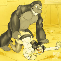 anal anal_sex black_hair brown_fur clothing dr._wilma_dikkfit easel eyewear female feral from_behind fur glasses gorilla grin hair high_heels human interspecies male navel ninjakitty nipples open_mouth palette penetration penis plain_background primate straight thigh_highs torn_clothing yellow_background zoophilia