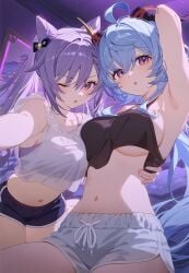 2girls ai_generated blue_hair ganyu_(genshin_impact) genshin_impact hoyoverse keqing_(genshin_impact) purple_hair sidious_(artist) tank_top