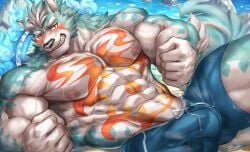 2021 5_fingers anthro asian_mythology bulge colored detailed_bulge east_asian_mythology fingers foo_dog fur hi_res humanoid_hands japanese_mythology komainu lifewonders male mammal multicolored_body multicolored_fur muscular muscular_anthro muscular_male muscular_thighs mythology oguchi_magami_(tas) police police_officer rabbity solo solo_male tail teal_body teal_fur teal_tail tokyo_afterschool_summoners two_tone_body two_tone_fur white_body white_fur yokai