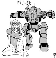 2017 battlemech battletech buttpants drill_hair flashman_(battlemech) house_steiner inkeranon mech mechwarrior monochrome nipples_visible_through_clothing pinup signature sketch tagme tight_clothes tongue_out white_background