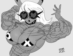 abs biceps big_breasts bikini black_and_white breasts buff female hair helluva_boss hyper_muscles long_hair muscles muscular muscular_arms muscular_female pecs sunglasses verosika_mayday_(helluva_boss) white_hair