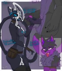 absurd_res anthro blue_body blue_eyes blue_flesh blue_fur blue_nipples blue_tongue bodily_fluids breasts canid canine choker clothing cum cum_on_breasts cum_on_ear cum_on_eye cum_on_face cum_on_goggles cum_on_leg cumshot dialogue domestic_cat dripping duo ejaculation excessive_cum excessive_genital_fluids felid feline felis female fingerless_gloves fluffy fur genital_fluids genitals gloves grey_eyes handjob handwear hi_res humanoid hybrid jewelry kneeling lagomorph large_paws leg_markings legwear looking_pleasured male male/female mammal markings masturbation multicolored_body necklace nipples orgasm_face pawpads penile penis prismatic_wolf prostitution pubes purple_body purple_penis pussy_juice_drip pussy_juice_string ra'via_talis secretly_loves_it sex small_breasts socks_(marking) standing stockings tongue tool_belt unprofessional_behavior vaginal_fluids vein veiny_penis