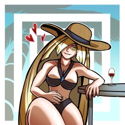 1milf 2022 bikini biting_lip blonde_hair breasts classy classy_female cleavage dual_dragon female female_only glass_of_wine green_eyes hat heart imminent_sex leaning long_hair looking_at_viewer lusamine_(pokemon) mature_female milf nintendo pokemon pokemon_sm rich rich_girl rich_lady swimsuit thick_thighs thighs