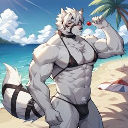 1boy ai_generated anthro bara barely_clothed beach bikini bulge furry gay lollipop male male_focus male_in_bikini male_only micro_bikini muscles muscular muscular_male sinchilee solo solo_male tagme von_lycaon yaoi zenless_zone_zero