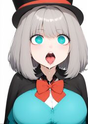 ai_generated big_breasts blue_cardigan breasts cape clothed drool drooling gigantic_breasts girl hi_res high_resolution highres hollowbeak huge_breasts hypnosis hypnotic_eyes looking_at_viewer mind_control no_sex open_mouth saliva saliva_drip silver_hair tejina_senpai tejina_senpai_(character) tejina_senpai_(series) tongue tongue_out top_hat white_shirt