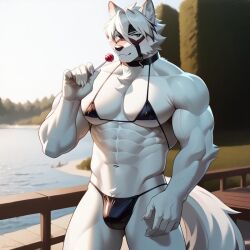 1boy ai_generated anthro bara barely_clothed beach bikini bulge furry gay lollipop male male_focus male_in_bikini male_only micro_bikini muscles muscular muscular_male sinchilee solo tagme von_lycaon yaoi zenless_zone_zero