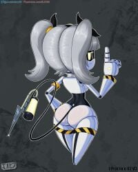 ass ass_focus digital_media_(artwork) disassembly_drone fanart female_only glitch_productions grey_hair j_(murder_drones) jackintaro looking_at_viewer looking_back murder_drones nude ribbons robot robot_girl simple_background tail twintails yellow_eyes