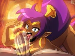 1girls bare_shoulders blue_eyes dark-skinned_female dark_skin fellatio genie holding_penis licking licking_penis linkerlewds looking_at_viewer magic nude oral pink_background purple_hair seductive seductive_look shantae shantae_(character) simple_background smooth_skin tagme tongue tongue_out unseen_male_face wayforward