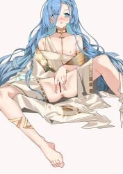 37_(reverse:1999) absurdres ancient_greek_clothes anklet anus bar_censor bare_shoulders barefoot blue_hair blush breasts bright_pupils censored eyes_visible_through_hair facing_viewer female foot_out_of_frame gold_choker greco-roman_clothes hair_over_one_eye hand_on_own_crotch highres jewelry long_hair looking_down nipples off_shoulder pussy reverse:1999 sitting small_breasts solo spread_legs straight-on toga triangle_mouth very_long_hair white_background white_pupils xiaoxueming