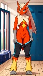 1girls 2024 ai_generated anthro ass_visible_through_thighs athletic_female avian black_pants blaziken blue_eyes covered_breasts female female_blaziken female_only generation_3_pokemon hi_res inner_sideboob innie_pussy locker_room looking_at_viewer mostly_nude nintendo non-mammal_breasts nude nude_female pants_around_thighs pants_down pokemon pokemon_(species) pulling_down_pants pussy red_body revealing_pussy undressing yellow_sclera yodayo