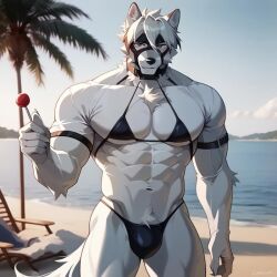 1boy ai_generated anthro bara barely_clothed beach bikini bulge furry gay lollipop male male_focus male_in_bikini male_only micro_bikini muscles muscular muscular_male sinchilee solo tagme von_lycaon yaoi zenless_zone_zero