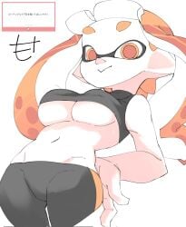 :> bangs bare_shoulders big_breasts elf_ears eyemask from_below hands_on_ass inkling inkling_girl light-skinned_female looking_at_viewer mocamocaink navel orange_eyes orange_hair pelvic_line shorts splatoon sports_bra sportswear tentacle tentacle_hair underboob